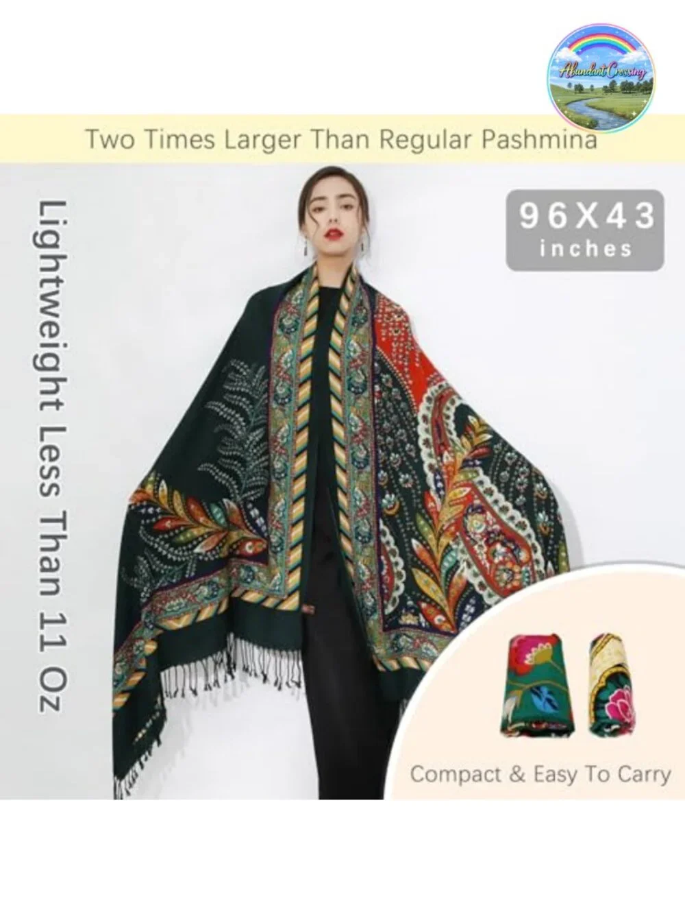 100% Merino Wool Oversized Pashmina Shawl Wrap for Women, 96x43, Tassels, Gift